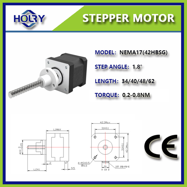 Holry Tr8 Lead Screw Direct Stepper Motor Nema 17: خارجی 42mmx62mm Bipolar 200 Steps/Rev 1.8 درجه 2 A/Phase