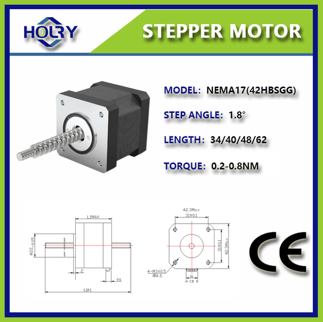 موتور پله‌ای پیچ سربی Holry Non Captive Nema 17 Tr8: 42mmx62mm Bipolar 200 Steps/Rev 1.8 درجه 2 A/Phase