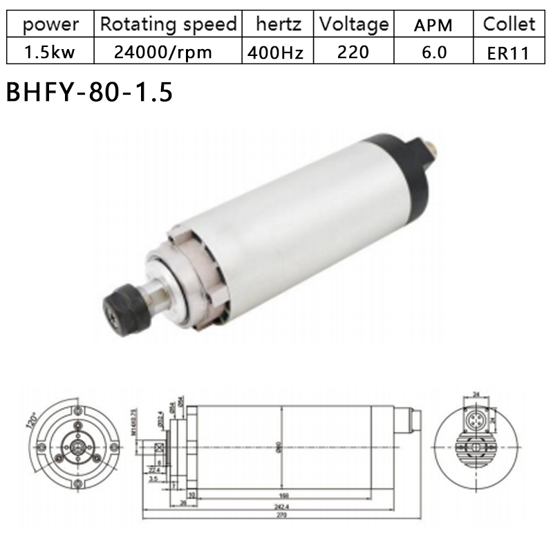 HOLRY Motor Spindel CNC untuk Penggilingan Logam Kayu Berpendingin Udara 1,5kw 220V 24000RPM Motor Spindel Kualitas Tinggi 