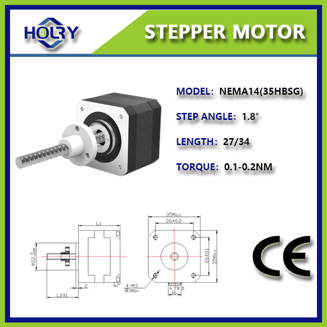 Aktuator Linier Timbal Motor Stepper NEMA 14 Non Captive: Sekrup Timbal 35mmx34mm Bipolar 2 Fase 1,8 Derajat 0,6 A/Fase