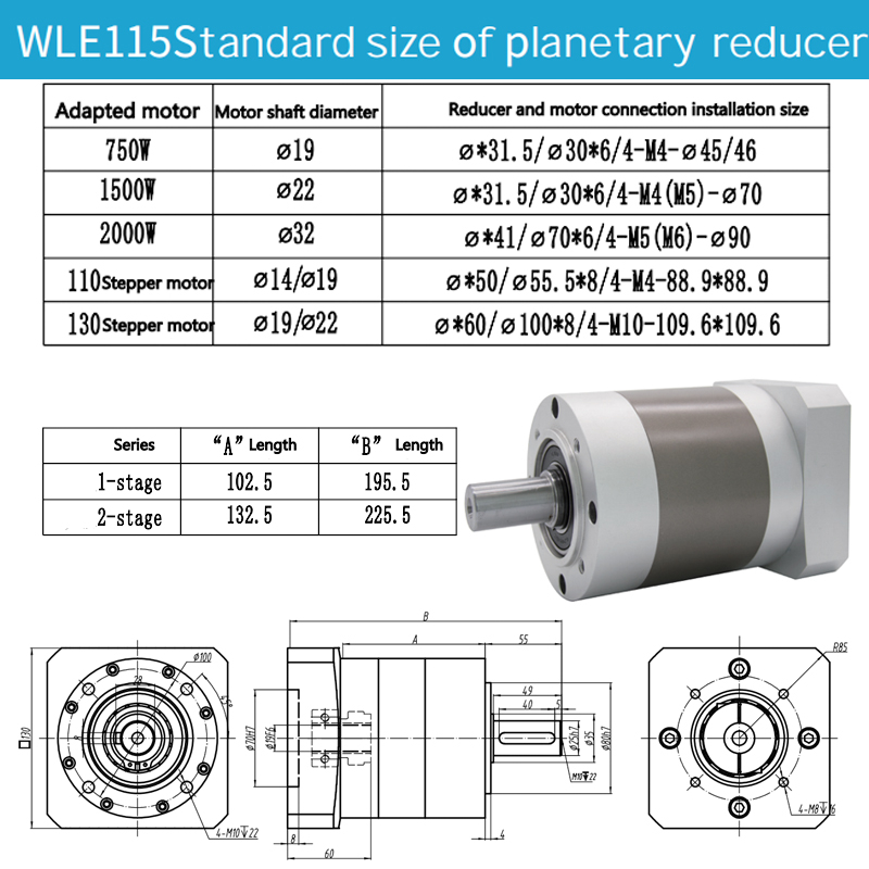 Réducteur planétaire NEMA45 Rapport de réduction droit L1/3.4.5.7.10 ou L2/9.12.15.20.25.30.40.50.70 Vitesse d'entrée nominale : 4000 tr/min Efficacité de transmission 90 %