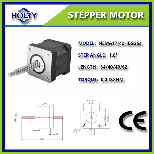 Holry Non Captive Nema 17 Tr8 stappenmotor met loodschroef: 42 mm x 62 mm bipolair 200 stappen/omwenteling 1,8 graden 2 A/fase